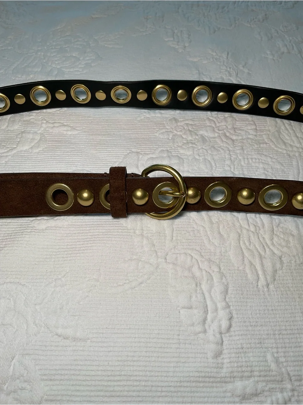 CAbi Brown Suede and Black Leather Dual Grommet Belts with Gold Hardware